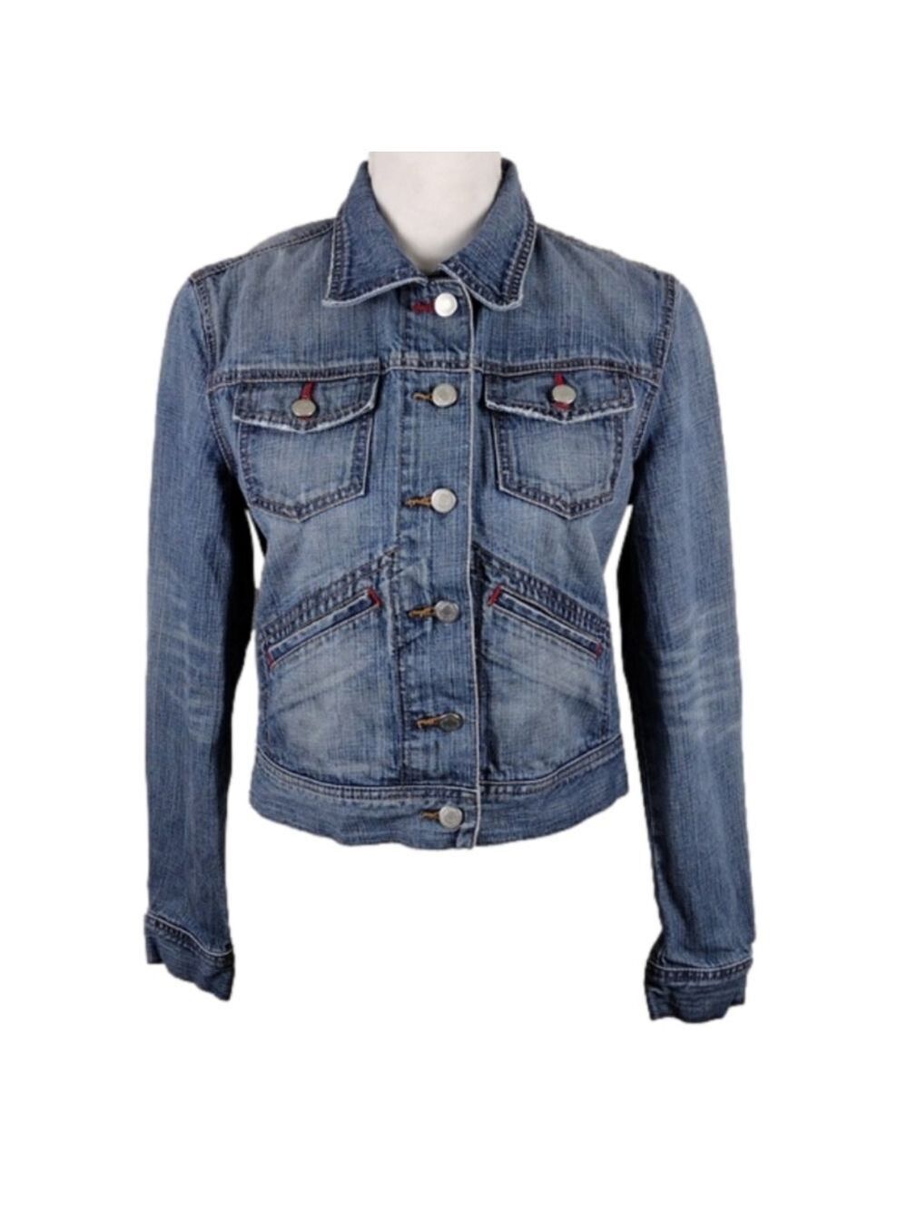 London Jean Blue Medium Wash Collared Long Sleeve Button Down Crop Jean Jacket